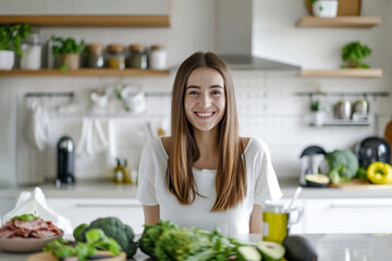 Happy woman with groceries in modern kitchen.