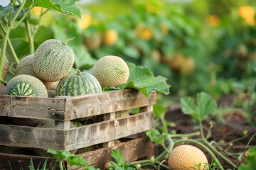 Wall Mural - wooden boxes with melons in summer field with copy space