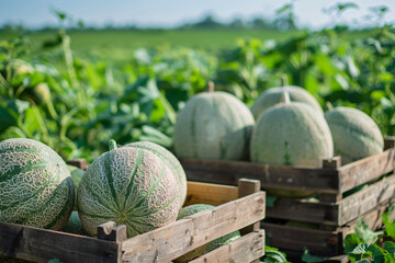 Wall Mural - wooden boxes with melons in field