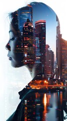 Wall Mural - Businesswoman and cityscape blend in captivating double exposure