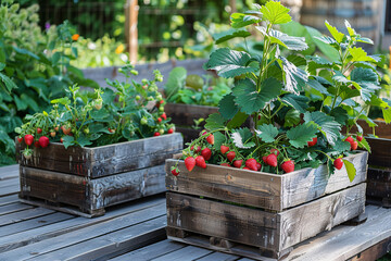 Wall Mural - wooden boxes with strawberries in garden