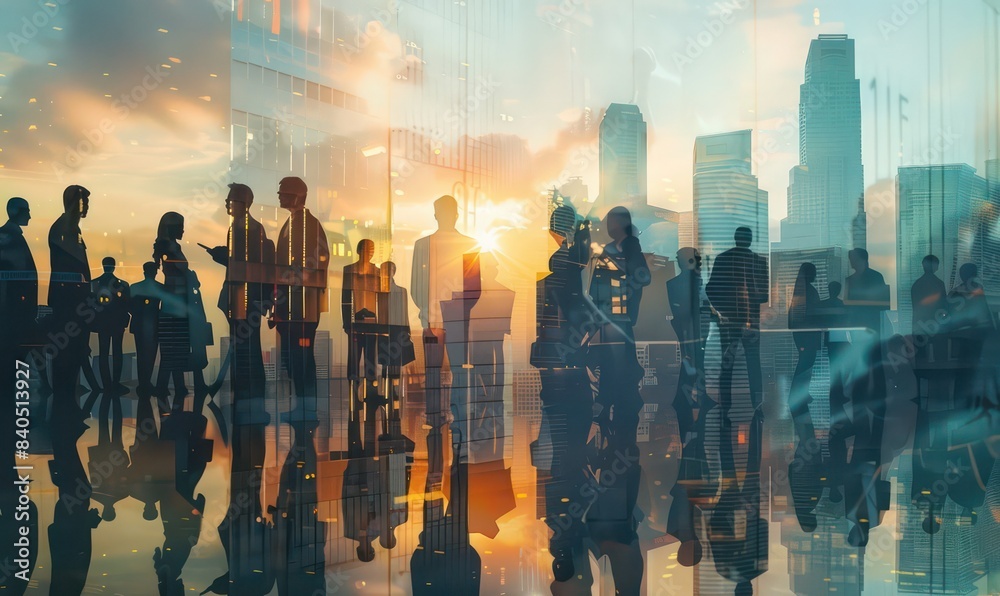 Double exposure image of many business people conference group meeting ...