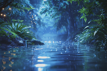 Wall Mural - The natural river flowing at night has beautiful starlight reflections. nature background.