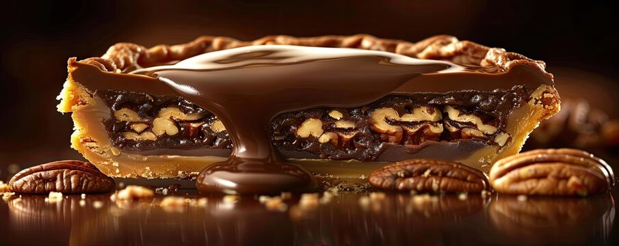 Decadent pecan pie slice with rich chocolate glaze, highlighting luscious layers of crunchy nuts and gooey chocolate filling on a reflective surface.