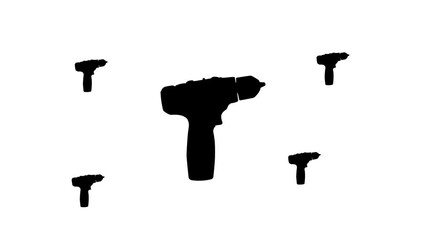 Poster - Zoom in and out animation the electric screwdriver symbol. Large black symbol in the center and four small symbols around. Seamless looped 4k animation on white background
