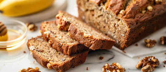 gluten banana bread with walnuts and honey sliced