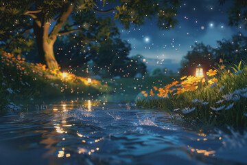 Wall Mural - The natural river flowing at night has beautiful starlight reflections. nature background.