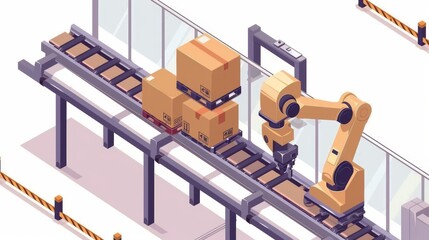 Poster - a robotic palletizing system, a robotic arm loading cartons, boxes on a factory conveyor system. an 
