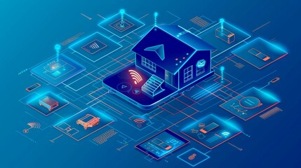 Poster - Shield symbol security of IoT or internet of things on screen phone. Connected to smart home via protected wireless connection.