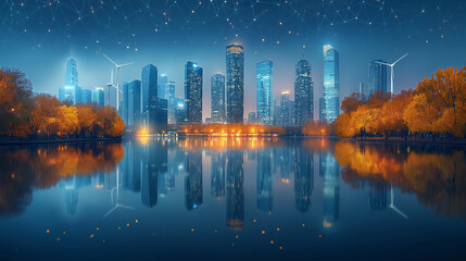 Wall Mural - A city skyline is reflected in a body of water