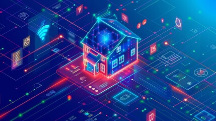 Poster - Control safety and automation of smart house. Internet of things concept with 3D plan building and connected objects. Concept of Internet of Things in isometric form.