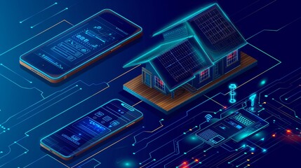 Poster - An isometric smart home concept integrated with an Internet of Things controller, as well as a mobile app for monitoring appliances and security systems.