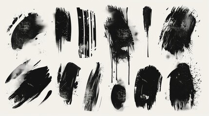 Isolated grunge silhouette set set. Black ink splatter, dirt stain. Ink strokes with blots of drops. Modern illustration.