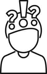 Poster - black and white line drawing of a person's head with question marks, symbolizing confusion or inquir