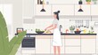© May Chanikran - Woman cooking in a modern kitchen with fresh vegetables. Bright and minimalist interior design. Healthy meal preparation.