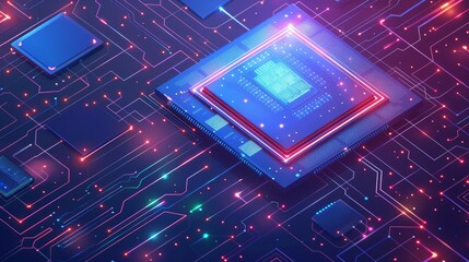 Poster - A digital chip computer processor and electronic components on a board or motherboard. Technology develops electronic devices using microchips and microprocessors. Artificial intelligence (AI).