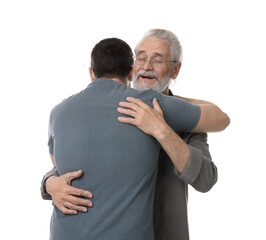 Wall Mural - Happy dad and his son hugging on white background