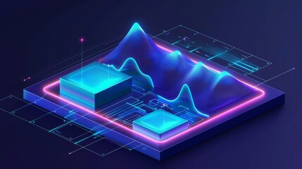 Poster - a modern isometric 3d grid surface with glowing dots and particles. big data visualization. abstract