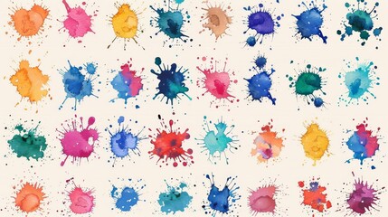 Poster - Painting blots, paint drops, and splashes isolated on white background. Paint splatter, stains set, composition, color splashes and drip designs. Modern grunge set.