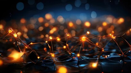 Poster - abstract golden bokeh with flying dots circles energy particles and light rays background