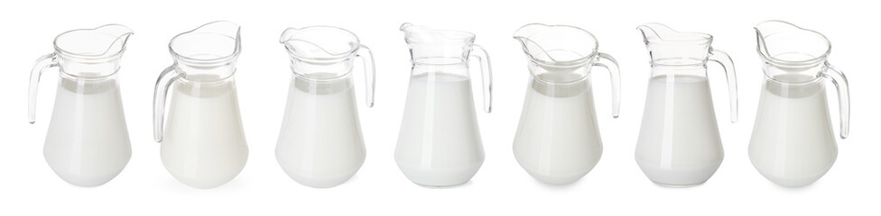 Wall Mural - Fresh milk in jug isolated on white, set