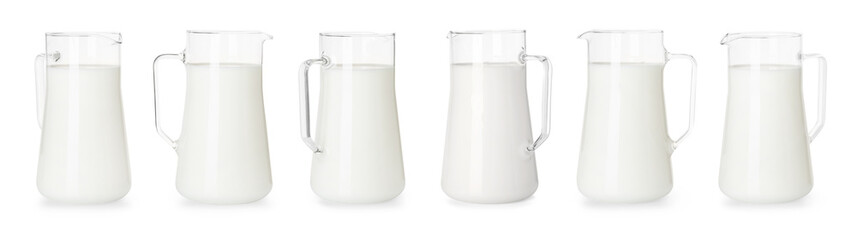 Wall Mural - Fresh milk in jug isolated on white, set