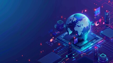Poster - telecommunication earth globe. hologram on the earth globe and internet connection. remote control a