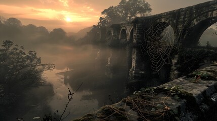 Ethereal Spider s Web Adorns Ancient Stone Bridge at Dawn
