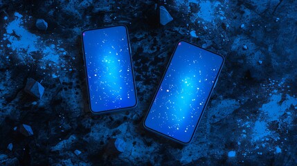 Poster - In 3D, a 3D mobile smart phone is turned up on the camera. Shiny, blue phone hanging on dark grey background. Phone's camera facing up. Smartphone in neon light on black background. Back view of the