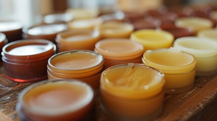 A close-up view of a collection of handcrafted beeswax lip balms, their golden hues reflecting the warm light of a cozy workshop