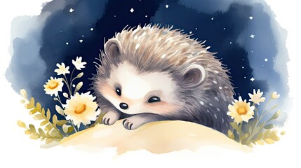 Sticker - watercolor cute and adorable baby hedgehog sleeping on the moonlight with daisies in the background clipart