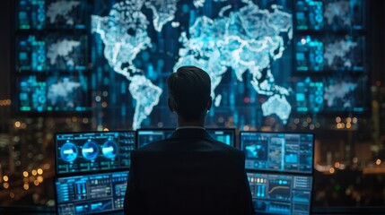 Poster - A cybersecurity expert monitors network activity in a city at night, his view overlooking a cityscape