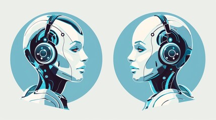 Poster - The avatar robot woman cyborg chatbot. Round icon of AI in image humanoid female cyborg. Logo of chatbot of online tech support. Headset with microphone on head.