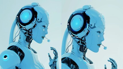 Poster - The avatar is an avatar robot woman gpt chatbot. In the image of the female cyborg is a round icon of the face of the AI. The logo is a logo of a chat bot of online technical support.