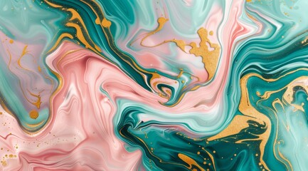 Wall Mural - Abstract background with swirling patterns in pink, teal green and gold marble effect 