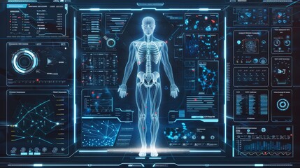 Poster - a futuristic technology interface with a digital future health graphic on a screen.