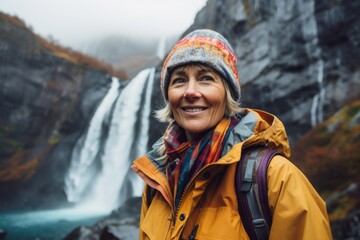 Wall Mural - Portrait of a joyful woman in her 50s wearing a warm parka isolated in backdrop of a spectacular waterfall