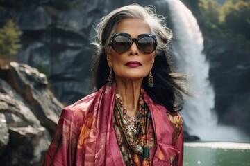 Wall Mural - Portrait of a glad indian woman in her 60s wearing a trendy sunglasses over backdrop of a spectacular waterfall