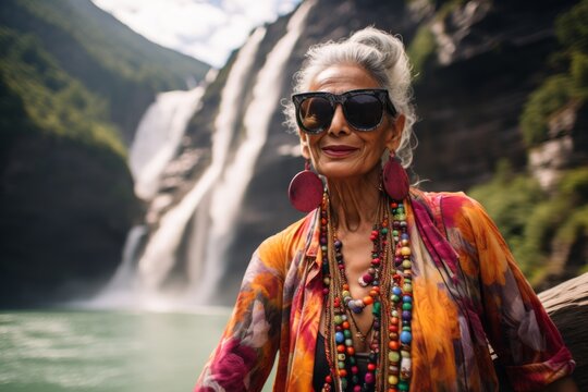Portrait of a glad indian woman in her 60s wearing a trendy sunglasses isolated on backdrop of a spectacular waterfall