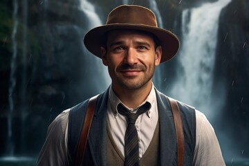 Wall Mural - Portrait of a happy man in his 20s donning a classic fedora isolated on backdrop of a spectacular waterfall