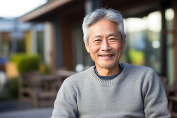 Wall Mural - Portrait of a tender asian man in his 60s dressed in a warm wool sweater isolated in pastel blue background
