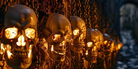 Wall Mural - Row of skulls on chains eerily lit in dimly lit street. Concept Halloween Decorations, Spooky Display, Haunted Street Scene, Creepy Atmosphere