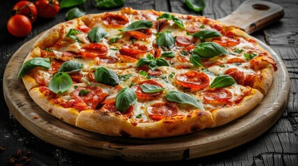 Delicious pepperoni pizza with fresh basil leaves on a wooden board, perfect for food enthusiasts and Italian cuisine lovers.