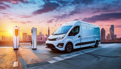 Wall Mural - An electric van charging at an urban station during a beautiful sunset. The scene features a modern city skyline in the background, highlighting the blend of advanced technology and urban living. 