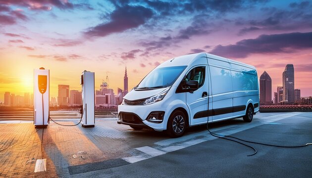 An electric van charging at an urban station during a beautiful sunset. The scene features a modern city skyline in the background, highlighting the blend of advanced technology and urban living. 