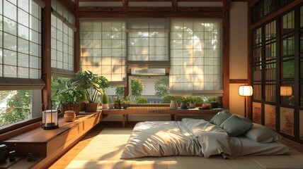 Wall Mural - This image presents a refined traditional Asian bedroom, featuring an exquisite rosewood four-poster bed, capturing the essence of timeless elegance and cultural heritage.