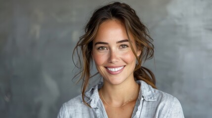 Wall Mural - In a studio shirt, a brunette businesswoman smiles for a portrait