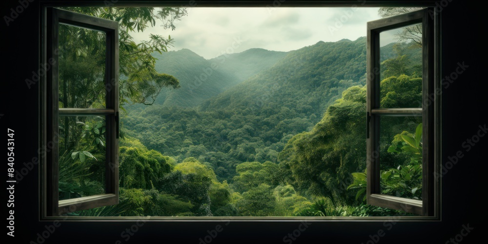 View Of Green Tropical Forest From Rustic Window. Mountainous Landscape ...