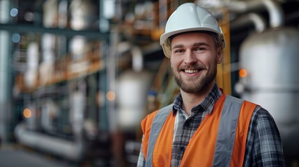 Wall Mural - Detailed portrait of a young professional heavy industry engineer / worker wearing safety vest and hardhat while smiling at the camera. In the background there is an unfocused large industrial