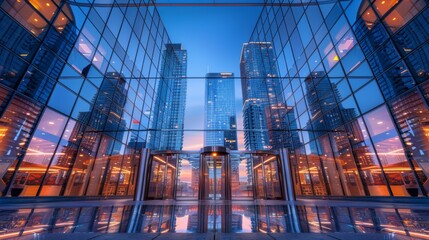 Canvas Print - The entrance of an office building next to high rise structures with glass mirrored walls and illuminated lights in Calgary, Alberta, against a blue sky with generative artificial intelligence